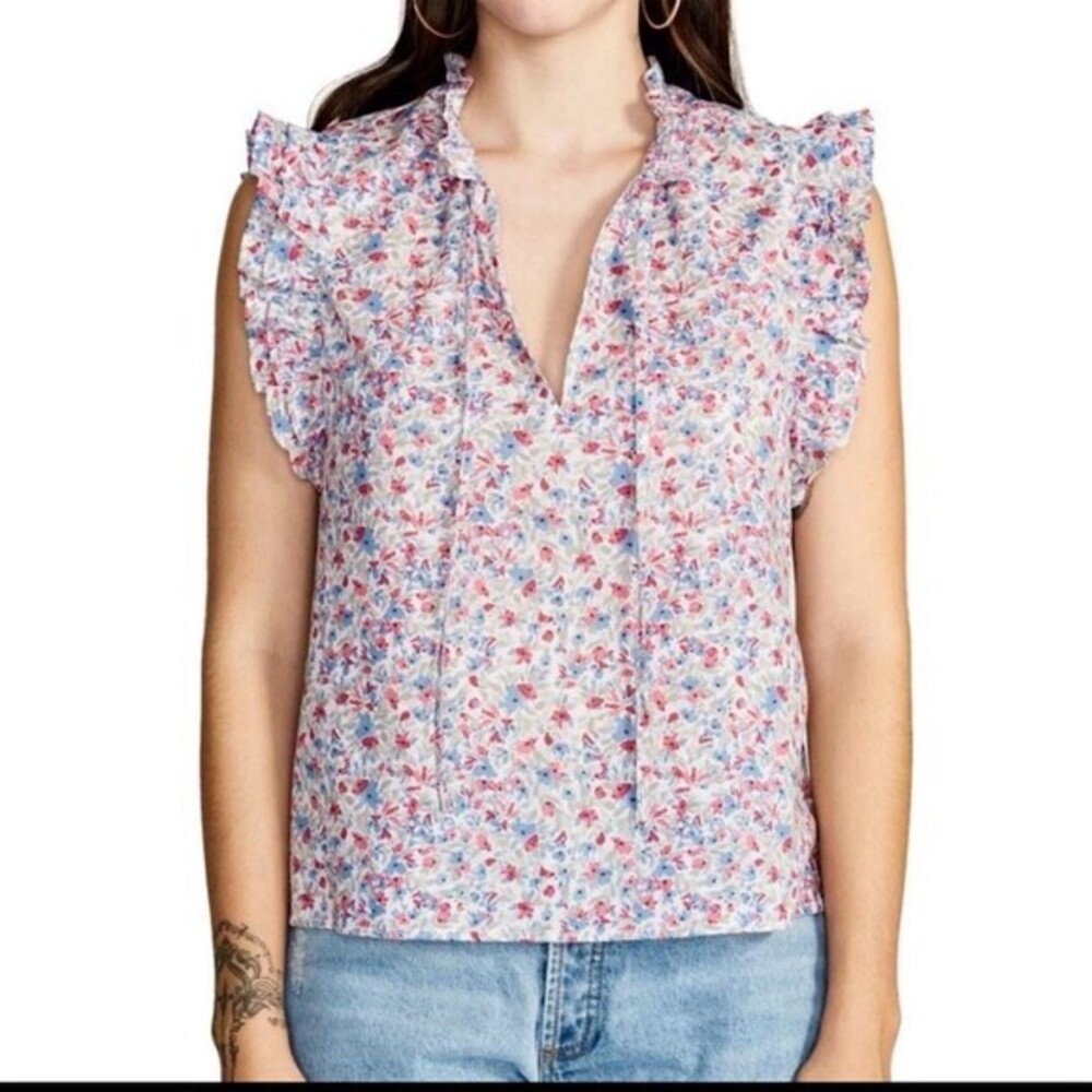 BB Dakota Ditsy Floral Ruffle Sleeveless Tie Neck Blouse Top Womens L